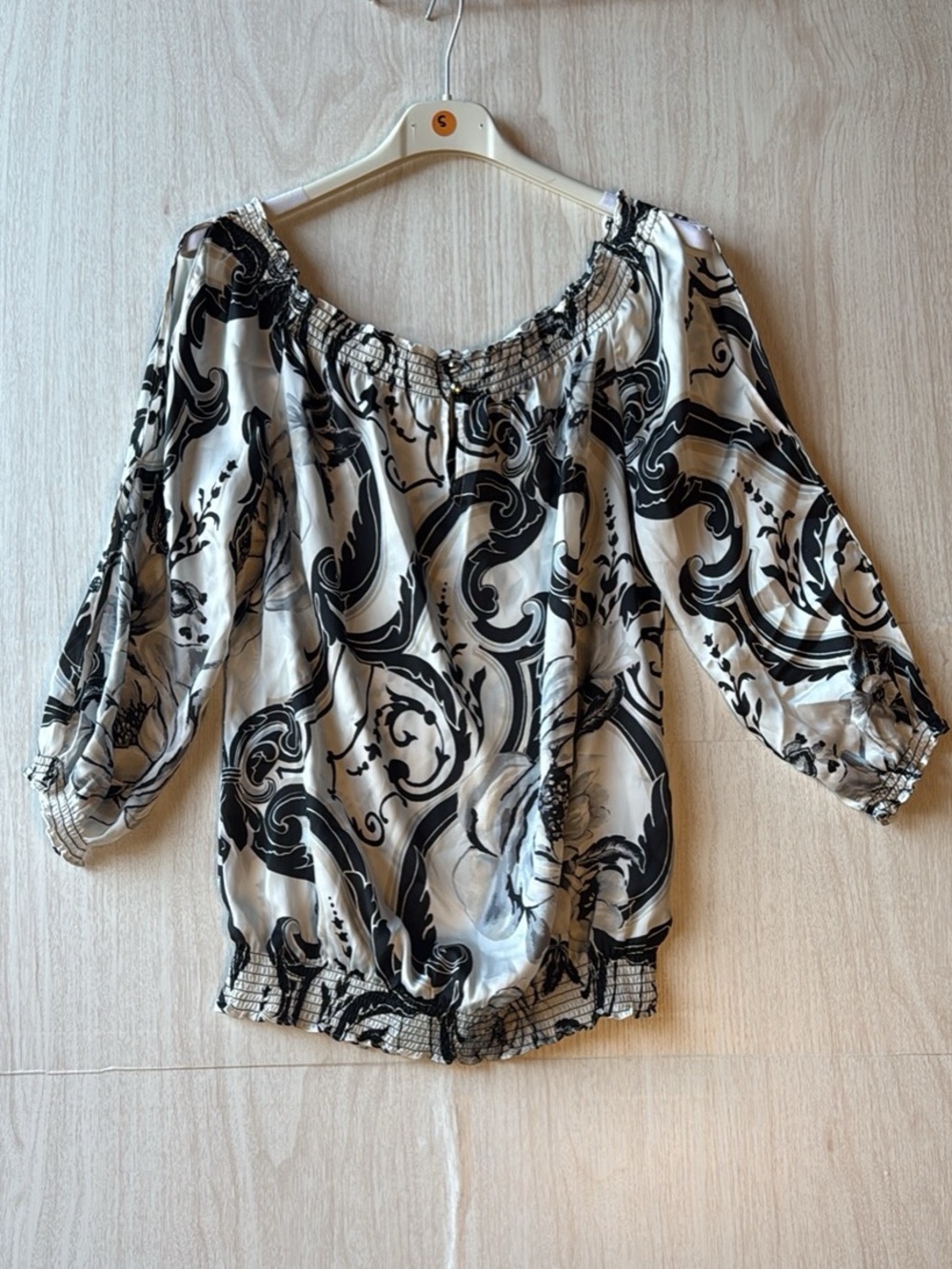 White House Black Market Black & White Swirl Off-Shoulder Blouse
